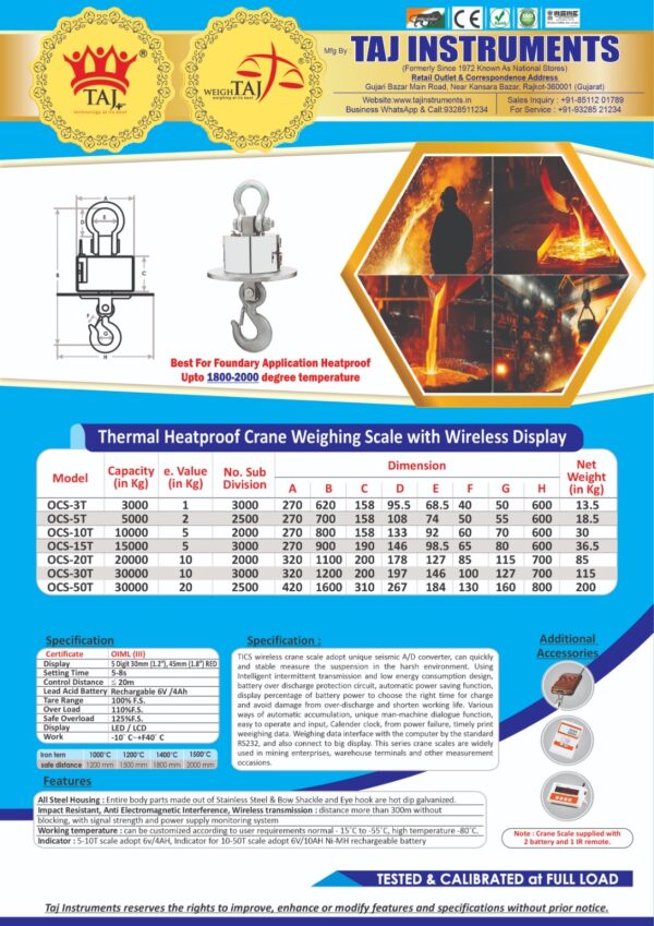 TICS-Cylindrical Type Heatproof Heavy Industrial Crane Weighing Scale,Specially For Cast Iron Foundry Heat Application,Works In Heat Upto 1800-2000 degrees temperature,100% Indian Make