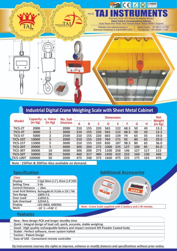 TICS Premium Industrial Digital Crane Weighing Scale,MS SHEET METAL Body,100% Indian Make